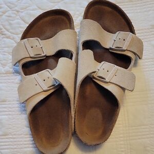 Beige Suede Double Strap Sandals